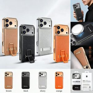 Compatible with Apple iPhone 17 Pro Max phone case and stand, iPhone 15, iPhone 16, drop-proof, export-grade, and business electroplated leather case.