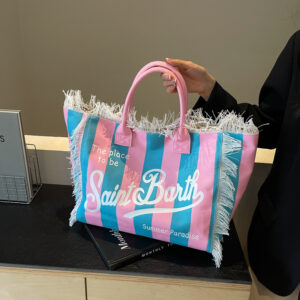 European and American handmade tassel beach canvas bag for women, 2026 new printed tote bag, large capacity shoulder bag